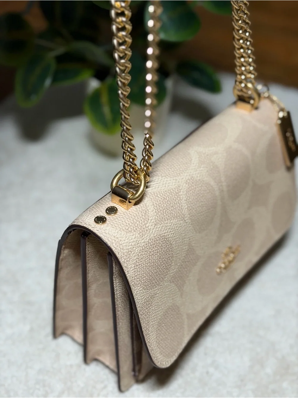 Coach Beige Signature Crossbody with Gold Chain Strap